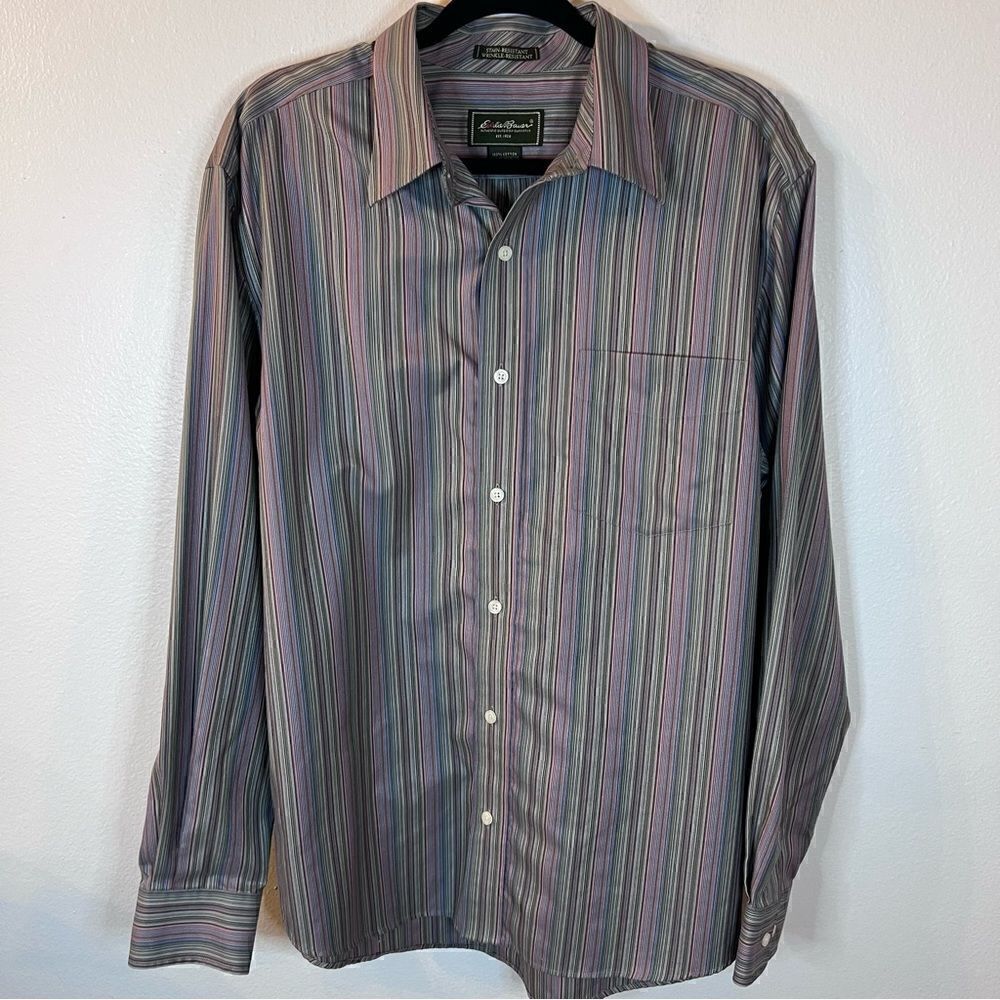 Eddie Bauer Mens Shirt Sz Large  Stain Resistant Wrinkle Resistant Green Stripe